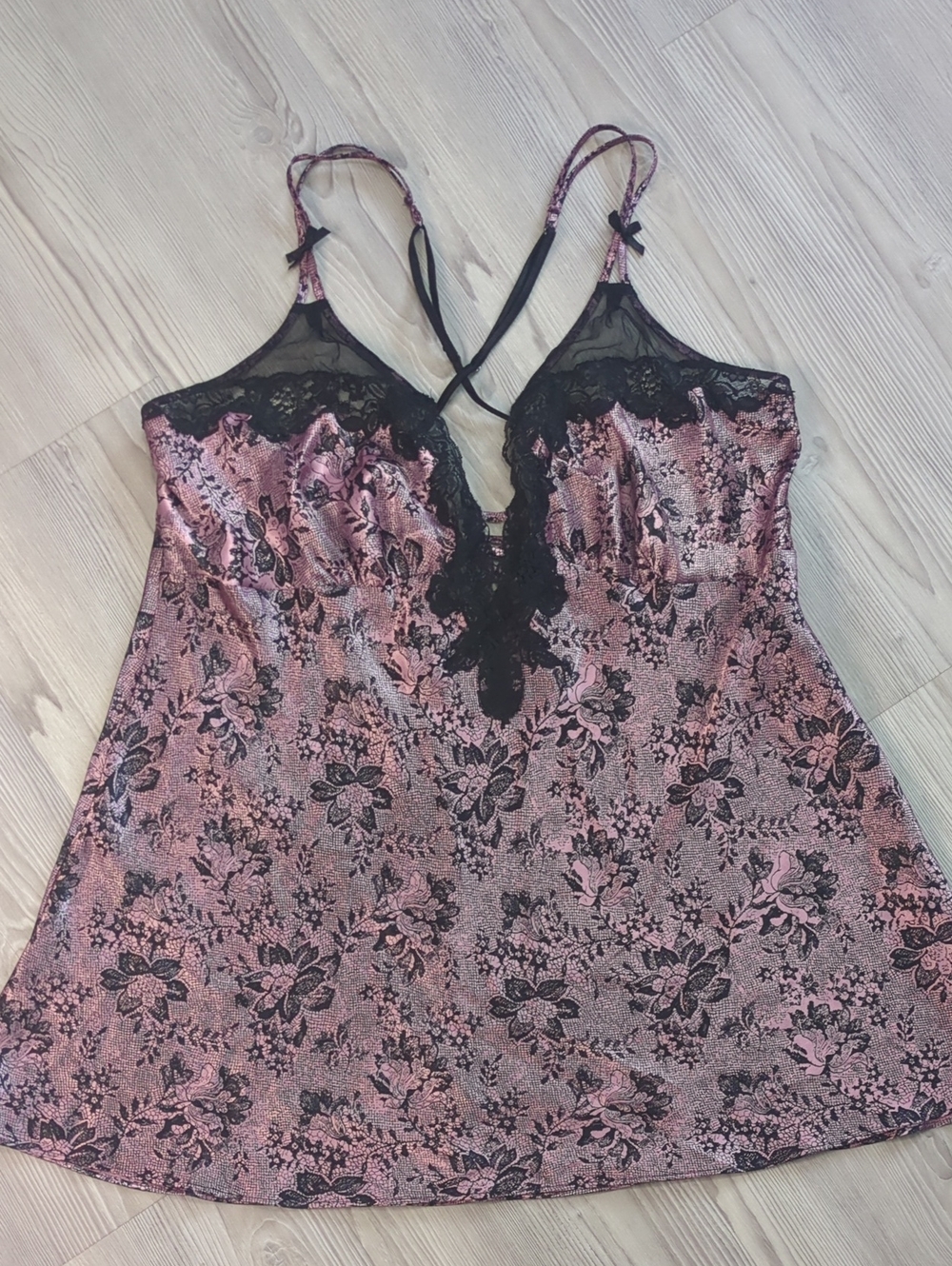 Frederick's of Hollywood Pink Black Lace Floral Chemise Babydoll Lingerie 1X